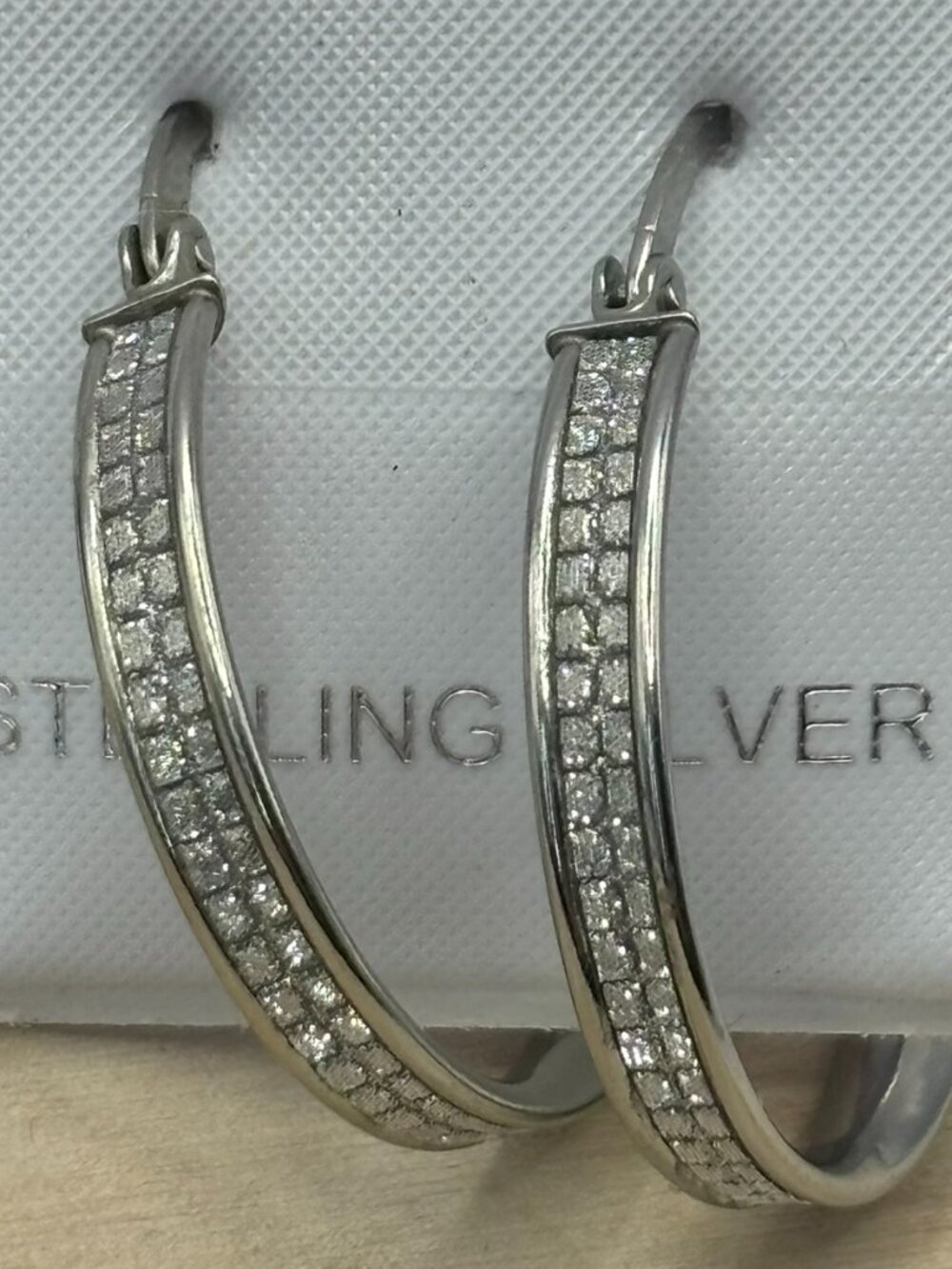 NWT 925 Sterling Silver Double Row Pavé CZ Hoop Earrings